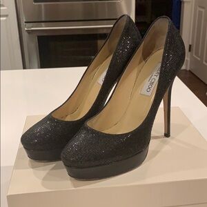 Jimmy Choo black glitter sparkle Cosmic Heels with slight platform